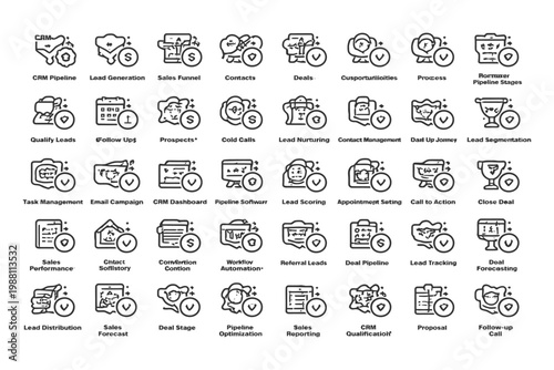 Crm icons set displaying various stages and processes in customer relationship management.