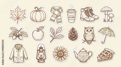 A charming collection of autumn-themed illustrations featuring seasonal elements like pumpkins, leaves, and warm drinks, perfect for seasonal decor and crafts.