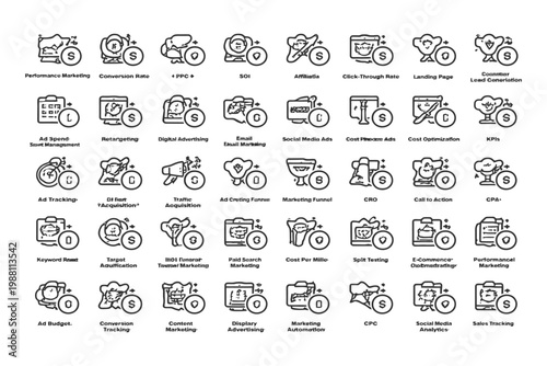Icon set of digital marketing concepts with symbols and abbreviations.