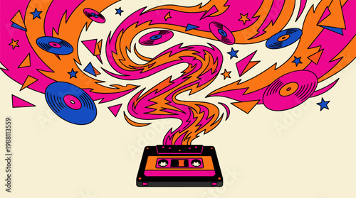 Retro Cassette Tape with Unspooling Magnetic Tape River Pop Surrealism Flat Illustration with Bold Outlines