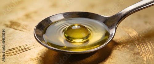 A spoon filled with a small amount of oil on a wooden surface