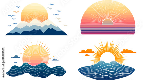 Four stylized illustrations sunrise over mountains, ocean with sun, and stylized sunsets