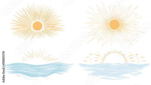 Stylized illustrations of sun and sea scenes in warm tones, creating a sense of serenity