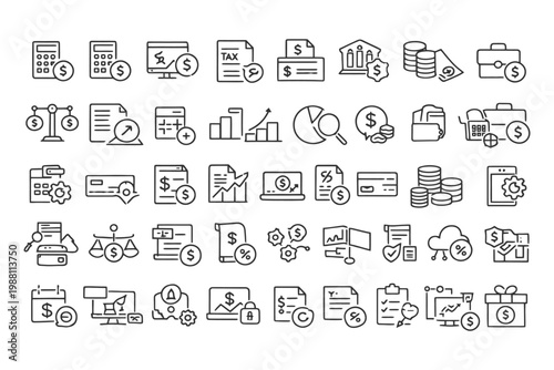 Financial and business icon set featuring charts, calculators, and money symbols.
