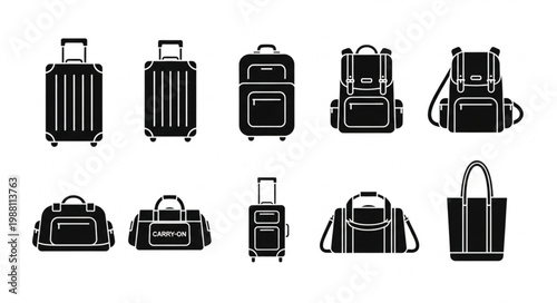 Collection of various travel bags and luggage icons.