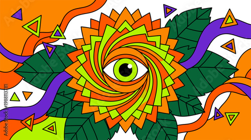 Giant Eye Sunflower with Geometric Petals and Triangles Pop Surrealism Flat Illustration with Bold Outlines