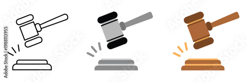 Minimal judge hammer line icon, gavel symbol for law and judgment concept, vector graphics of auction hammer isolated on white background for legal services, justice system, and court design elements.