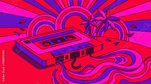 Retro Cassette Tape with Palm Trees and Unspooling Tape Pop Surrealism Flat Illustration with Bold Outlines
