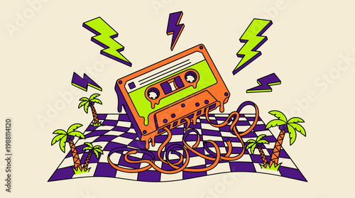 Melting Retro Cassette Tape with Palm Trees and Lightning Bolts Pop Surrealism Flat Illustration Bold Outlines