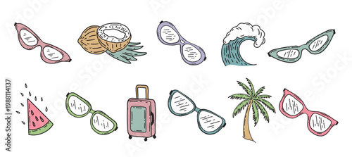Summer set with Sunglasses, palm, summer, wave hand drawn illustration.