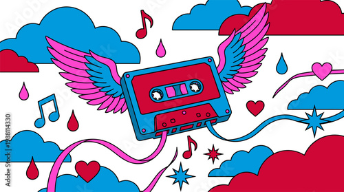 Winged Cassette Tape with Music Notes and Streamers Pop Surrealism Flat Illustration with Bold Outlines