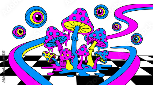 Melting Mushrooms and Geometric Eyeballs Pop Surrealism Flat Illustration with Bold Outlines