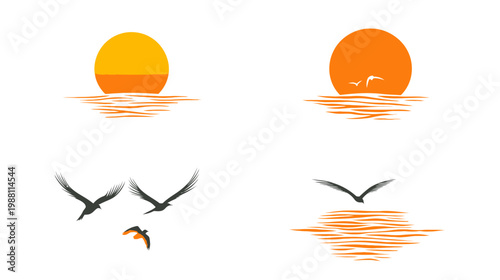 Four minimalist illustrations depict sunsets and birds in silhouette, evoking tranquility and nature