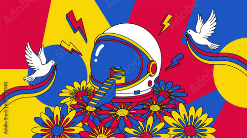 Vintage Astronaut Helmet with Kaleidoscopic Daisies Pop Surrealism Flat Illustration Bold Outlines
