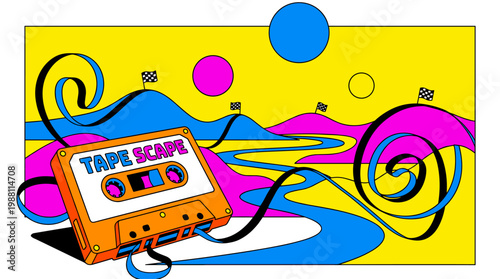 Vintage Cassette Tape Landscape Pop Surrealism Flat Illustration with Bold Outlines and Retro Magnetic Tape Hills