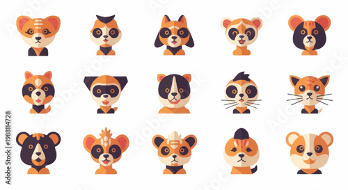 Cartoon animal faces in row.