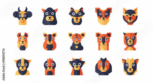 Cartoon animal faces in rows.