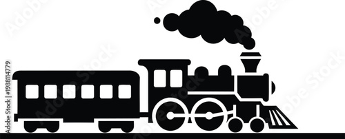 Black steam train locomotive, vintage train icon, railway transportation symbol, silhouette illustration