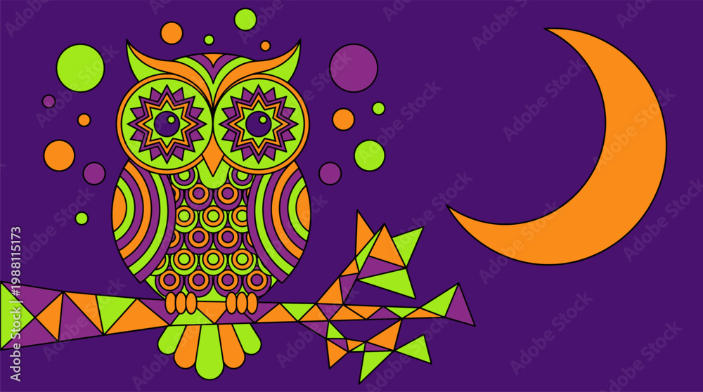 Fototapeta premium Geometric Psychedelic Owl with Star Eyes and Crescent Moon Pop Surrealism Flat Illustration with Bold Outlines