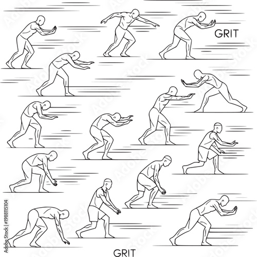 Sequence of athlete performing sprint start drills on track for training and grit concept