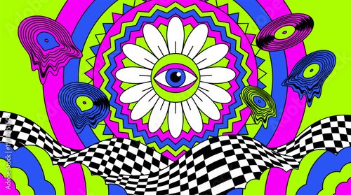 Cosmic Daisy with Eye and Melting Vinyl Records Pop Surrealism Flat Illustration with Bold Outlines