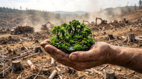 Human Hand Holding Small Green Forest for Reforestation Concept