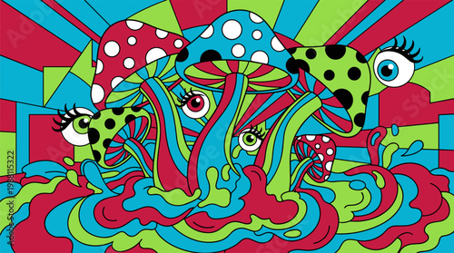 Towering Polka Dot Mushrooms and Surreal Floating Eyeballs Pop Surrealism Flat Illustration with Bold Outlines