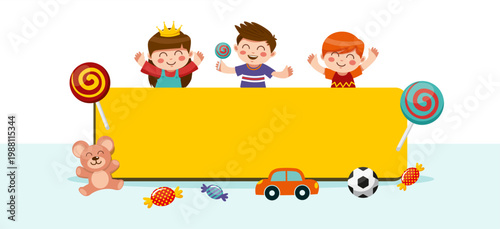 Happy kids with blank yellow banner, toys and candies cartoon vector illustration. School Admission Open Hording
