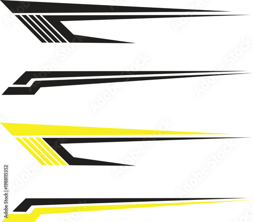 Vector car livery design set with yellow and black racing stripes and geometric speed decals