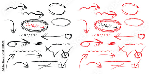 Hand Drawn Doodle Arrows and Scribble Elements Set, Black and Red Sketch Curved Arrows, Highlight Circles, Check Marks, Zigzag Lines and Annotation Symbols for Infographic, UI, Web and Presentation.
