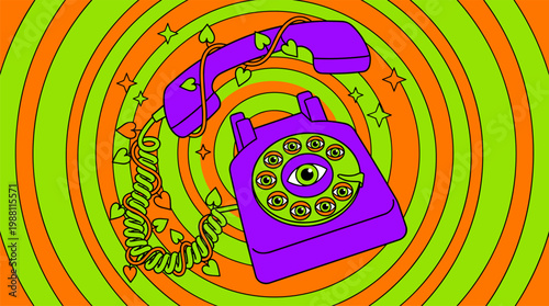 Retro Rotary Telephone with Vines and Eyes Pop Surrealism Flat Illustration with Bold Outlines and Psychedelic 70s Graphic Design Shapes