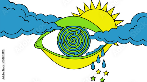 Giant Celestial Eye with Spiral Iris and Star Tears in Cloudy Sun Sky Pop Surrealism Flat Illustration with Bold Outlines