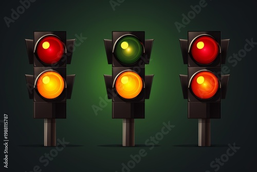 Three cartoon traffic lights indicating stop, go, and warning on a green background