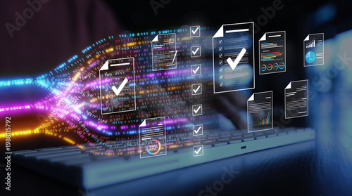 Cuadro en lienzo woman analyst uses a computer AI artificial intelligence and dashboard for data