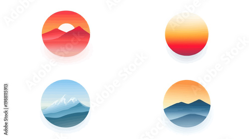 Free Download Four circular landscape illustrations a fiery sunset, gradient sky, and snowy mountain scenes - GFXLoad