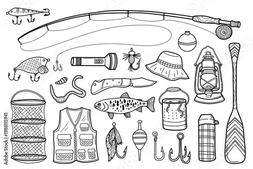 Vector hand drawn doodle fishing set Illustration. Fishing equipment outline clipart isolated on white background. Rod, bait, hook, trout fish, lure, oar tackle icon set
