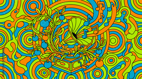 Vintage Gramophone Sprouting Organic Vines and Music Notes Pop Surrealism Flat Illustration with Bold Outlines