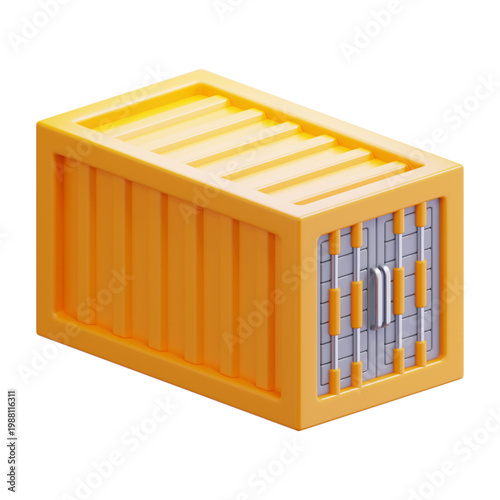 A 3D rendering of a vibrant orange shipping container with a detailed gray ventilation grate on one side, symbolizing logistics and storage solutions