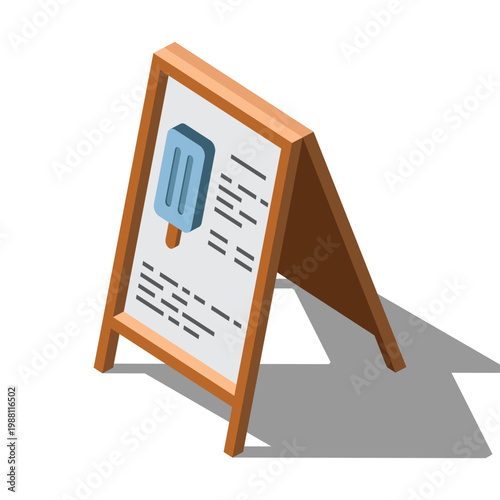 Isometric advertising board. Wooden advertising stand. Outdoor advertisement. Information promotional banner. Sale concept