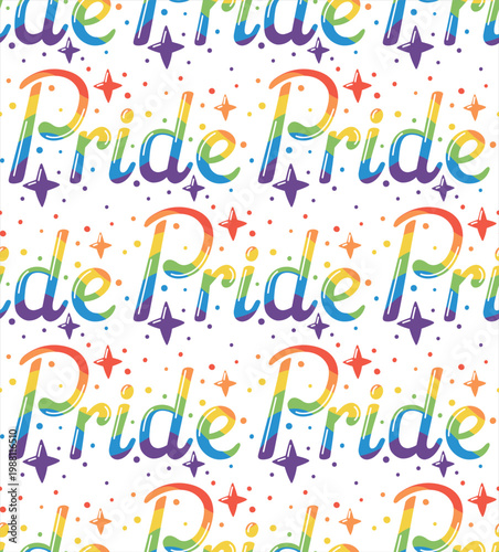 Seamless pattern with rainbow Pride words and colorful stars. Colorful background with lettering 