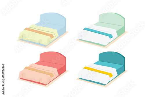 Vector illustration of modern bed set with blankets in various colors isolated on white background