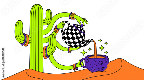 Surreal Desert Cactus with Teapot and Moon Cup Pop Surrealism Flat Illustration with Bold Outlines