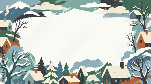 Charming winter village scene with snow-covered houses and trees, framed by a snowy landscape and mountains.