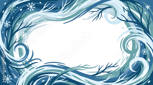 A swirling, abstract winter scene with branches and snowflakes forming a decorative frame around a white space.