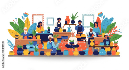 Diverse group of people engaged in pottery making class.