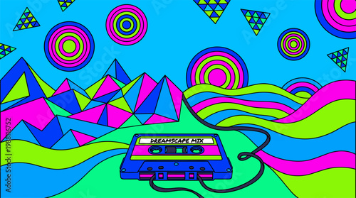 Vintage Cassette Tape Unraveling into Geometric Mountains Pop Surrealism Flat Illustration with Bold Outlines