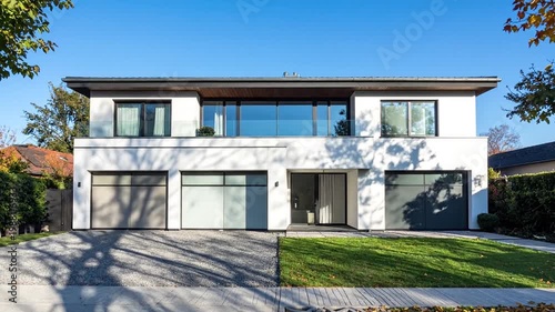 Contemporary white luxury house with multiple garage doors and large glass windows under a clear blue sky on a sunny autumn day