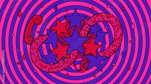 Retro Telephone Serpent Coiled Around Giant Stars Pop Surrealism Flat Illustration with Bold Outlines