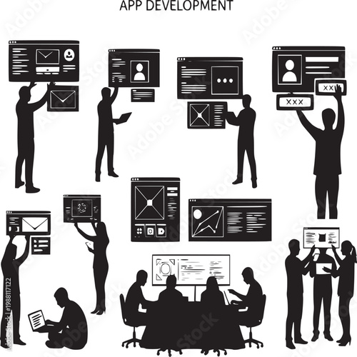 Team of developers celebrating successful app development with digital interfaces and code graphics