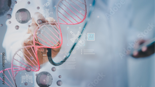 Futuristic healthcare concept of scientist analyzing DNA structure through magnifying glass in laboratory, integrating AI data visualization, biotechnology research for precision medicine innovation.